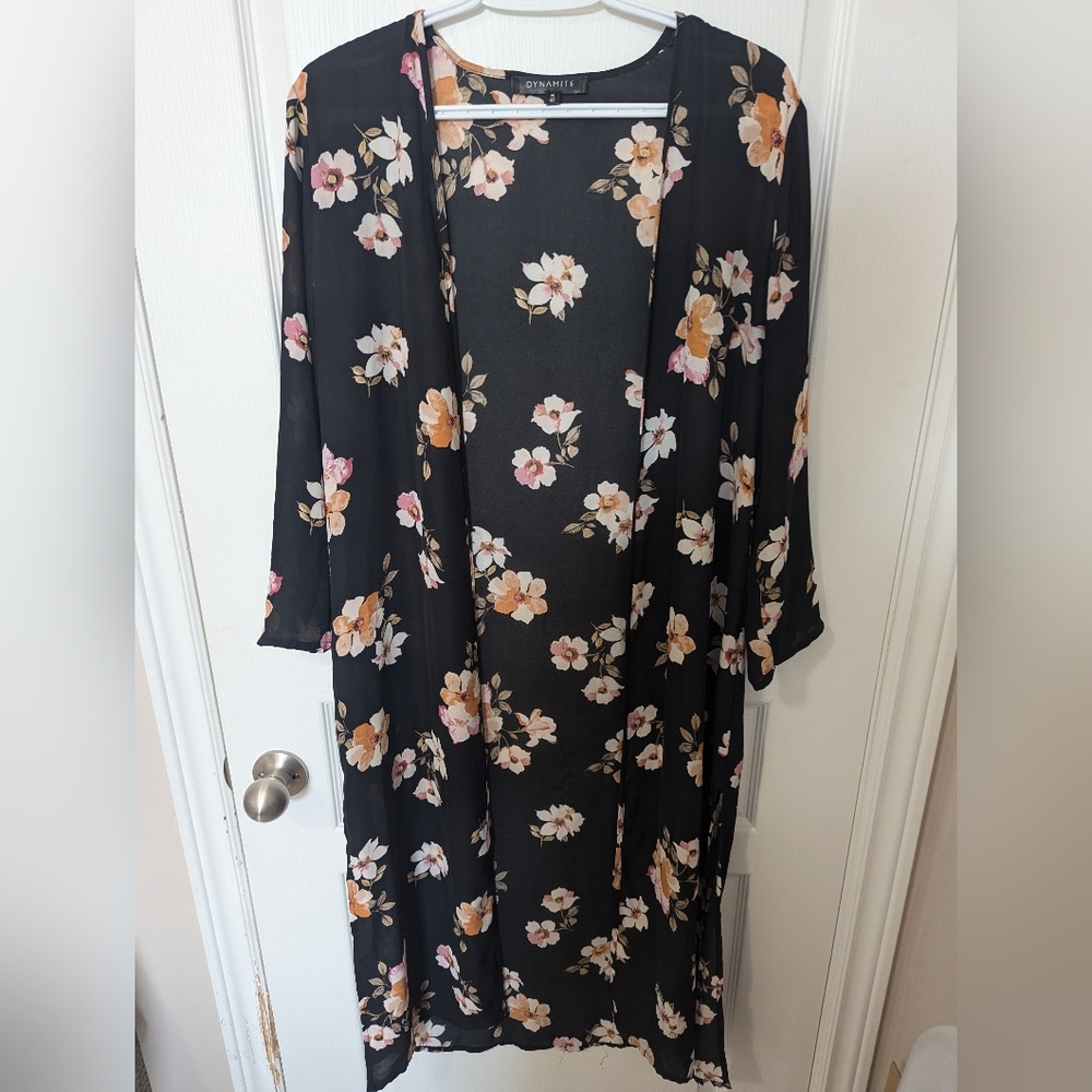 Maxi Kimono Black W/ Pink Floral